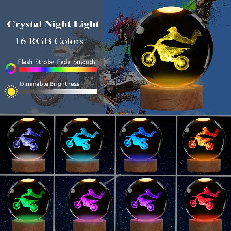 Posshe Dirt Bike Night Light, Dirt Bike Gifts, 3D Crystal Ball Dirt Bike Lamp with Remote Upgraded 3.15 Inch with 16 Color for Birthday Xmas Cool Figurines Motor Bike Gifts for Room Decor Boys Girls - Image 2